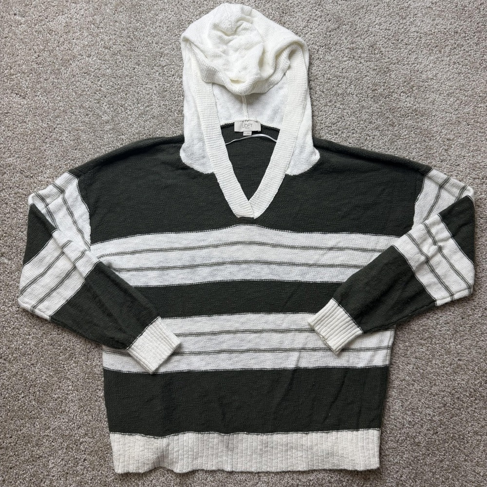 LOFT Sweater Womens Medium Green Stripe V Neck Hooded Tight-Knit Pullover